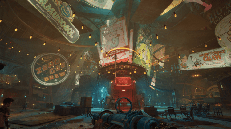Propaganda-filled settlement showcasing political commentary in The Outer Worlds 2