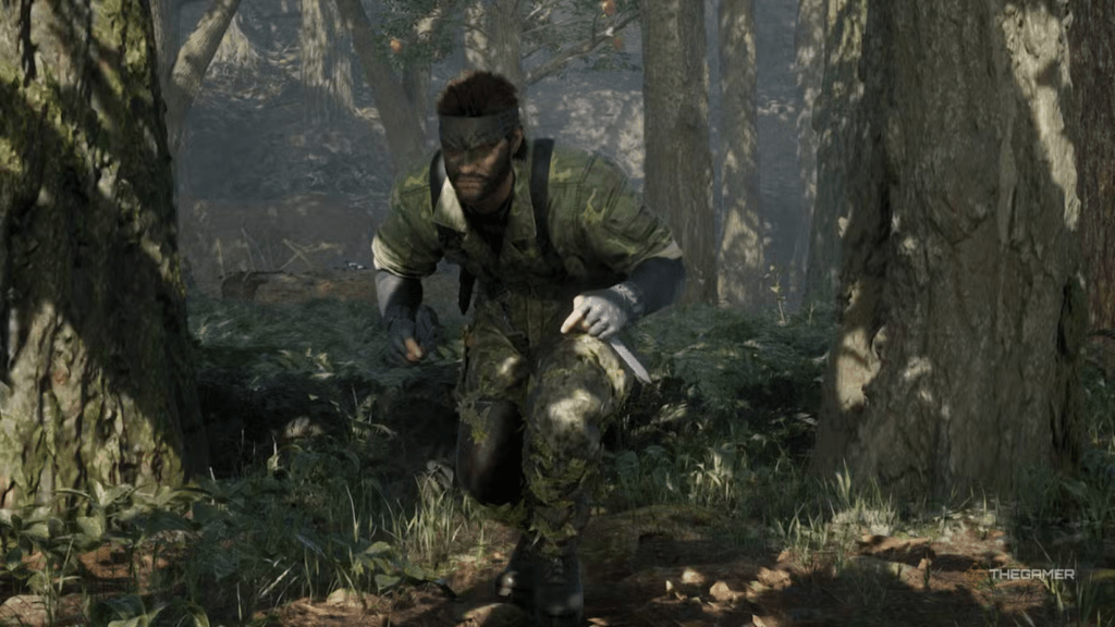 Snake crawling through tall grass executing classic stealth tactics in Metal Gear Solid Delta