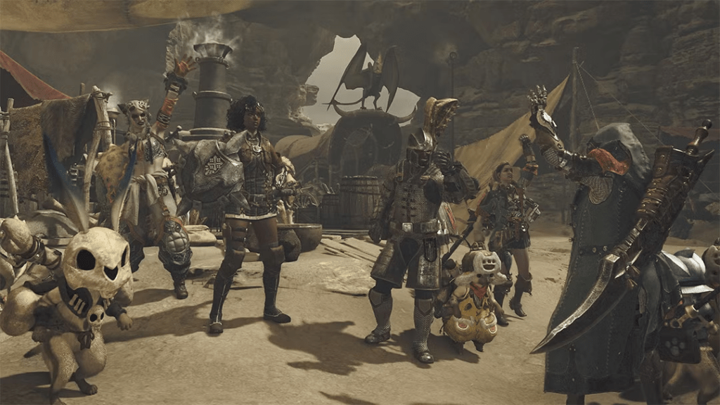 Cooperative monster hunt in Monster Hunter Wilds with large beast encounter