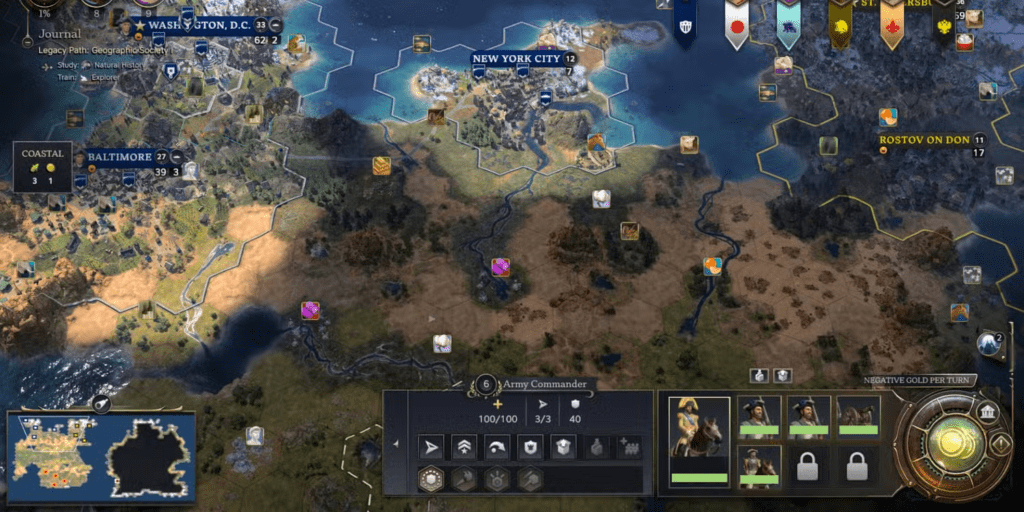 Civilization VII gameplay showing global map and empire expansion strategy