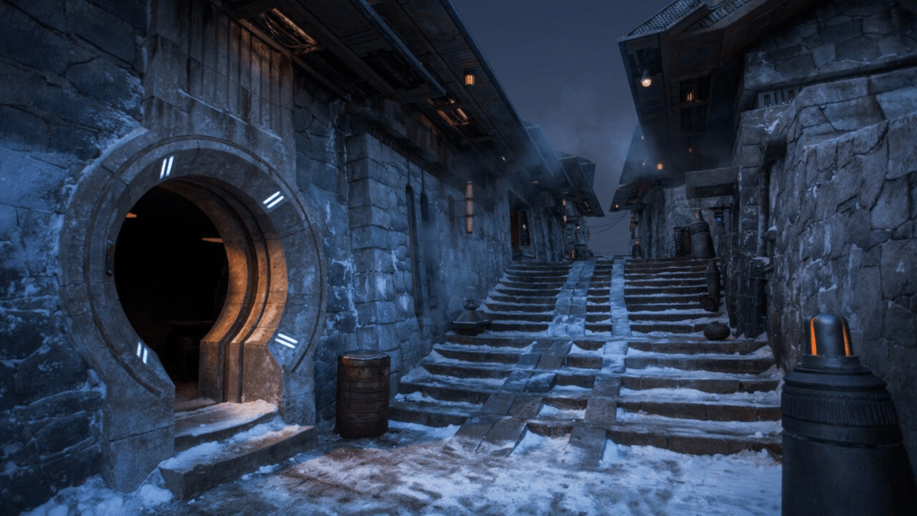 Snowy Kijimi streets filled with danger and intrigue in Star Wars Outlaws