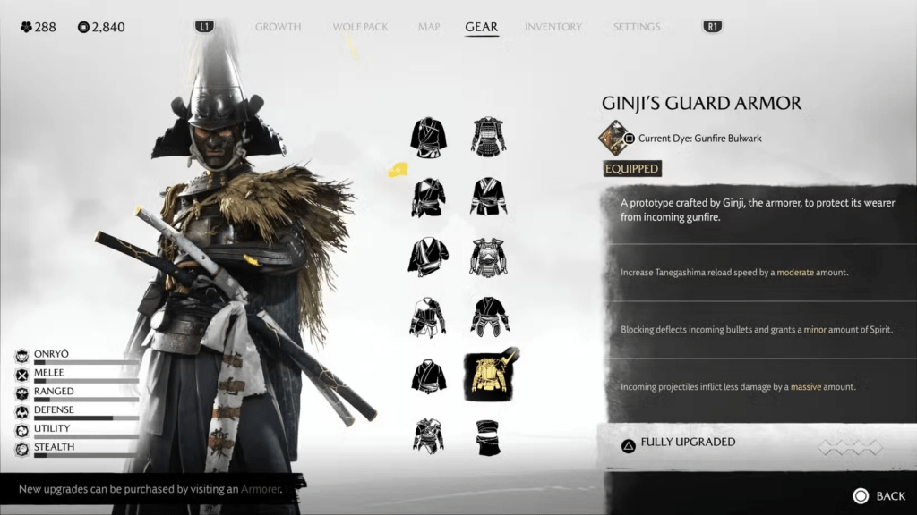 Armor and weapon upgrades steadily empowering Atsu in Ghost of Yōtei