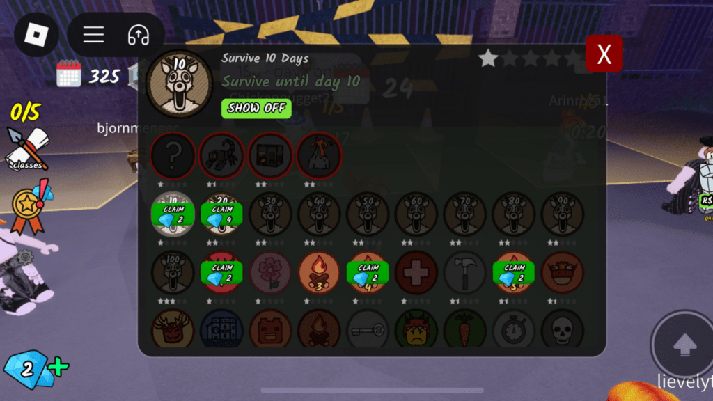 Gems and diamonds displayed inside 99 Nights in the Forest progression interface