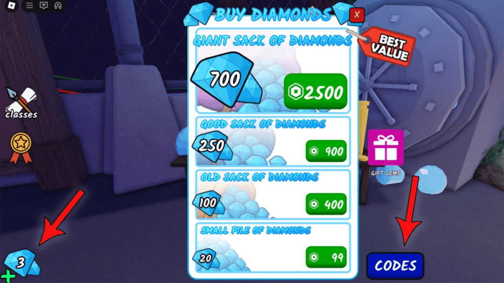 Code redemption menu accessed from lobby in 99 Nights in the Forest