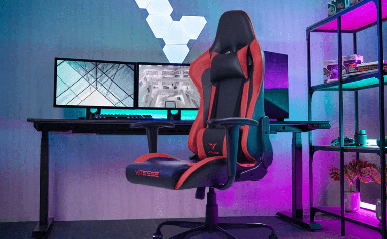 Affordable gaming chair positioned at modern PC setup with clean desk layout