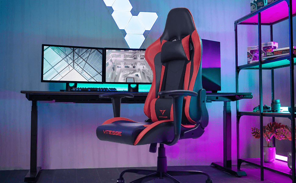 Affordable gaming chair positioned at modern PC setup with clean desk layout