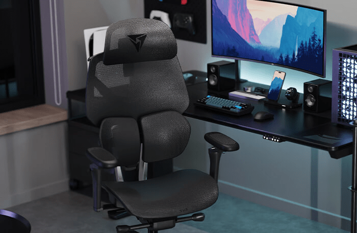 Hybrid gaming and office setup featuring ThunderX3 Flex Pro chair
