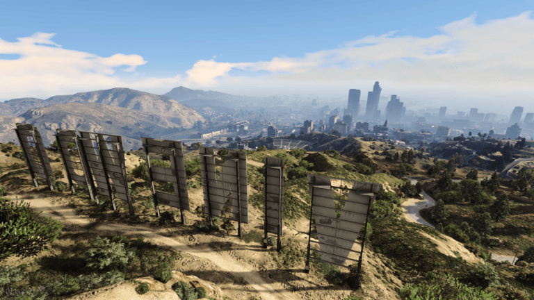 Next gen GTA 5 PS5 visuals over Los Santos skyline during cheat activated mayhem