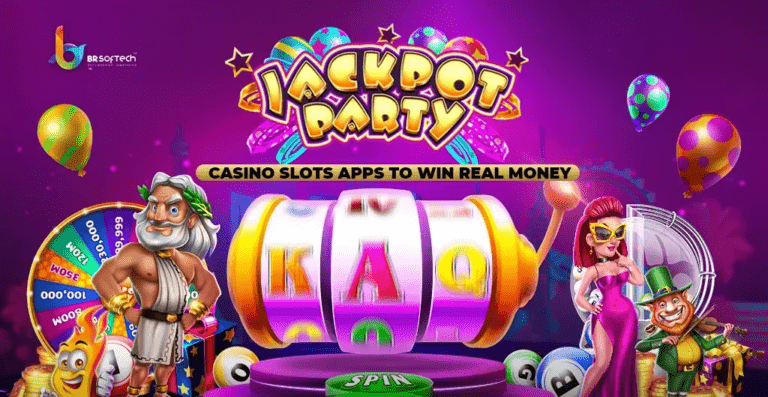 Jackpot Party Casino slot gameplay screen showing colorful reels and coin balance