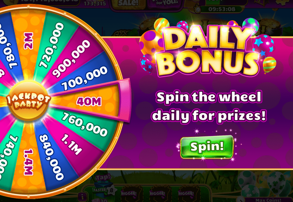 Login reward interface showing daily bonus coins in Jackpot Party Casino