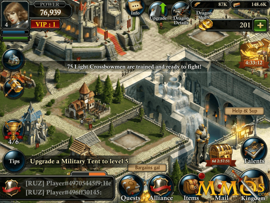 King of Avalon gameplay showing castle city development and resource management screen