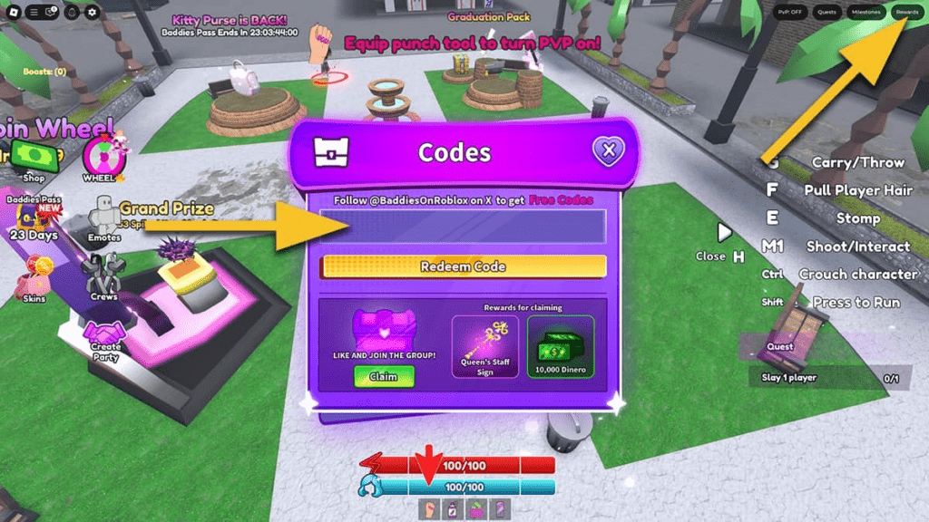In-game notification screen showing active promo codes rewards in Roblox