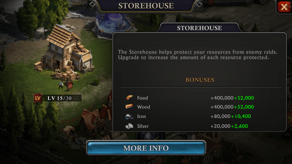 Castle level upgrade interface showing long-term progression benefits