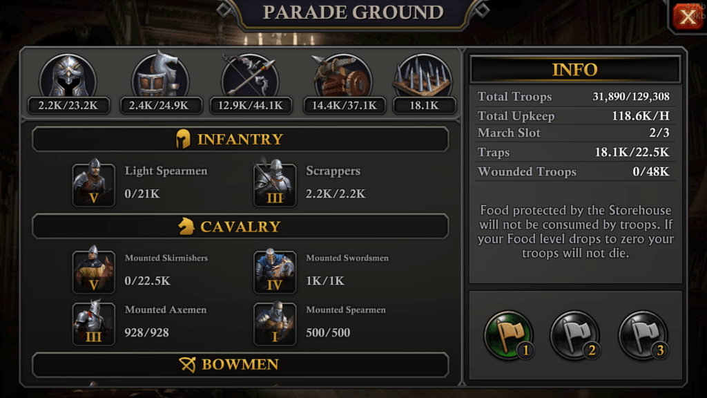 Parade Ground interface displaying troop strength and military capacity