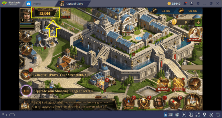 Guns of Glory gameplay showing detailed city development and strategic resource management