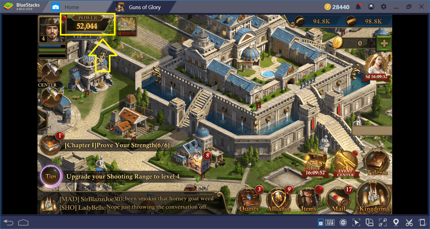 Guns of Glory gameplay showing detailed city development and strategic resource management