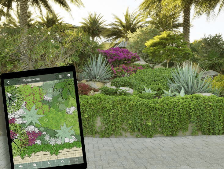 Android landscape design app visualizing backyard layout with paths plants and zones