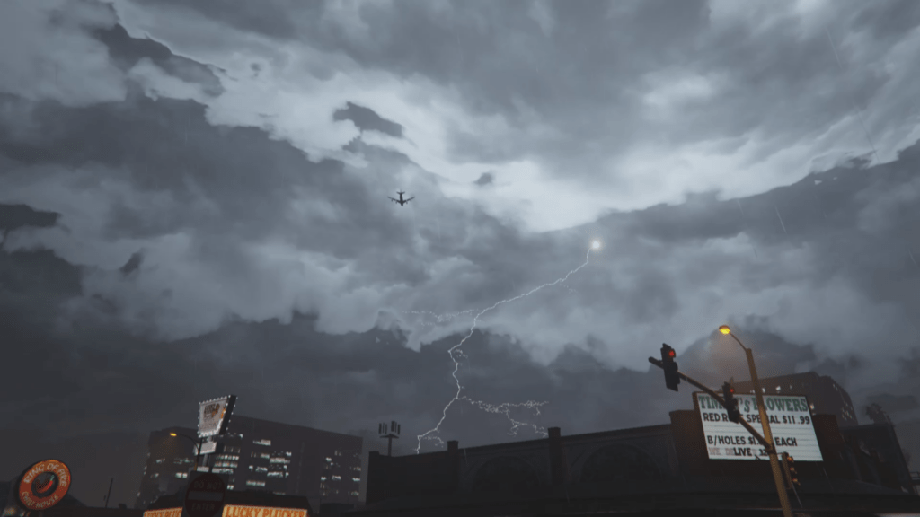 GTA 5 stormy weather activated via cheat creating dramatic city atmosphere