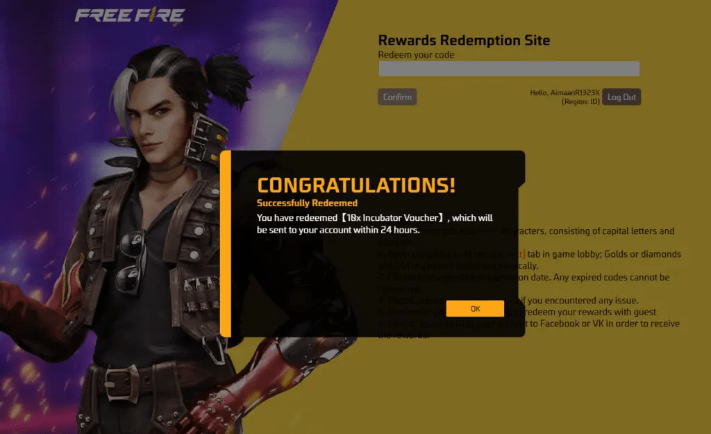 In-game Free Fire mailbox delivering redeemed items within twenty four hours