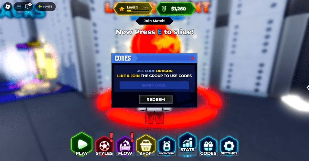 In-game Roblox menu displaying code redemption option clearly