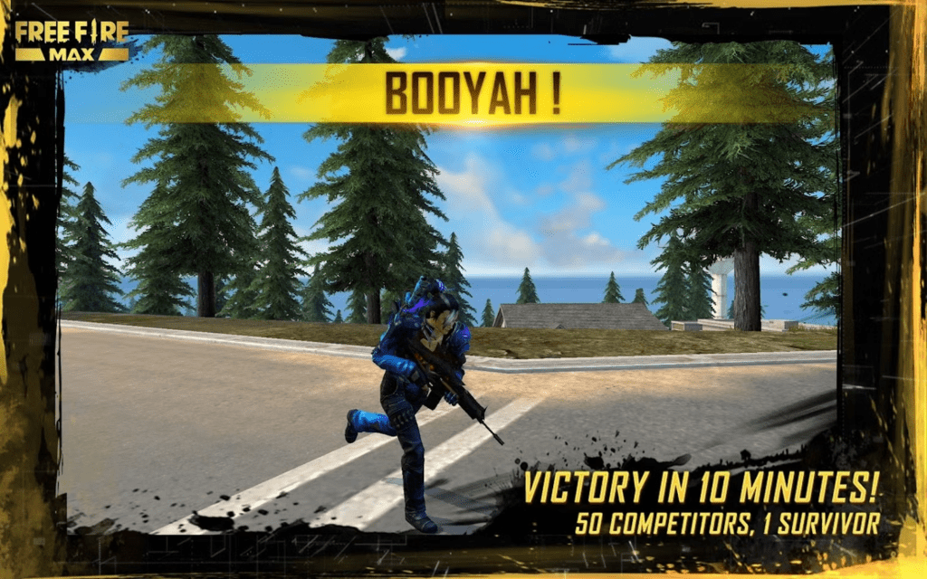 Free Fire Max squad celebrating Booyah victory after redeem rewards upgrade loadouts