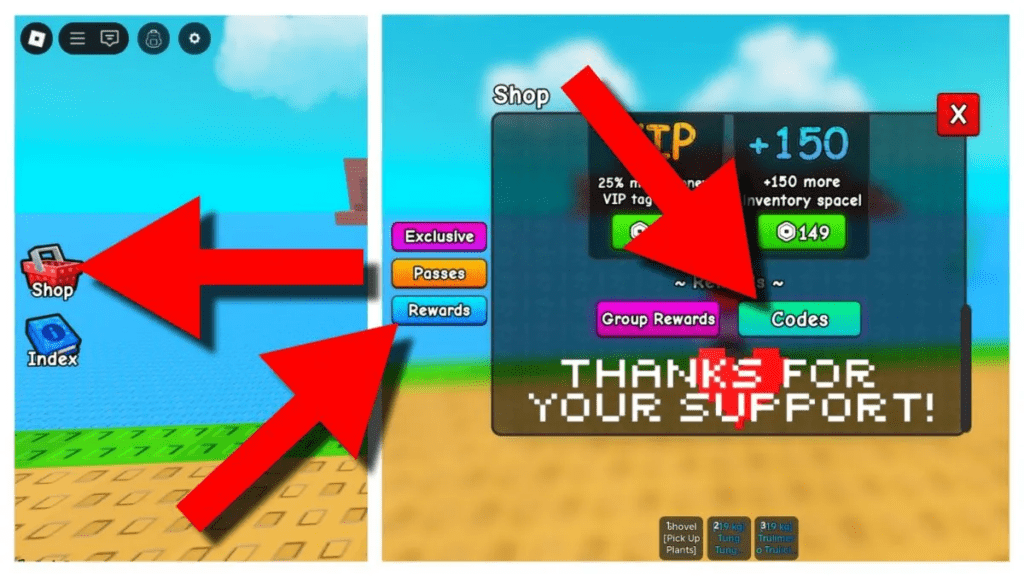 Plants Vs Brainrots reward screen displaying lucky potion cash and grenade from active codes