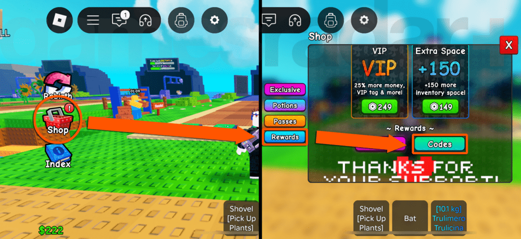 Plants Vs Brainrots codes tab inside shop menu ready for reward redemption