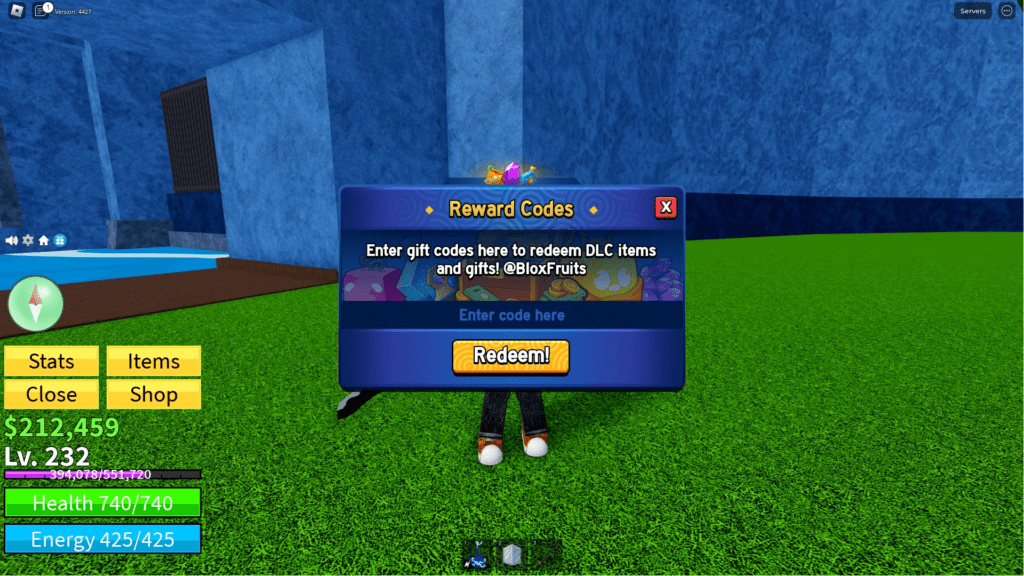 Blox Fruits blue gift icon location above compass used for code redemption