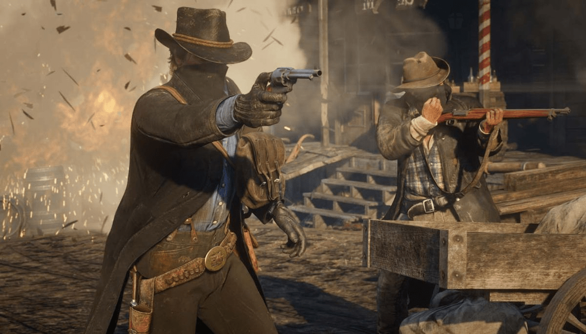 Cinematic RDR2 shootout scene illustrating chaos enabled through official cheat codes