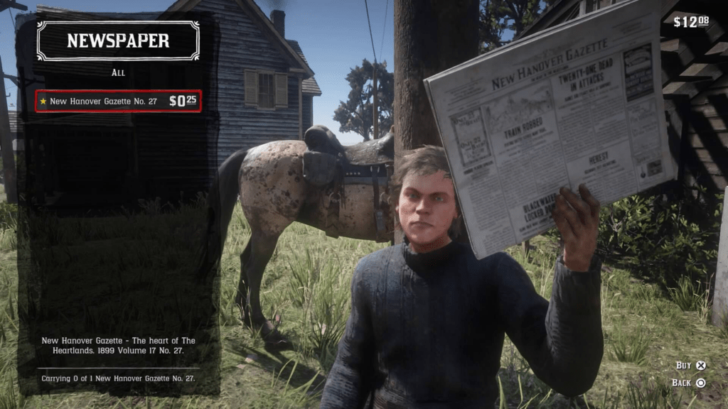 Player confirming newspaper purchase inside RDR2 open world town