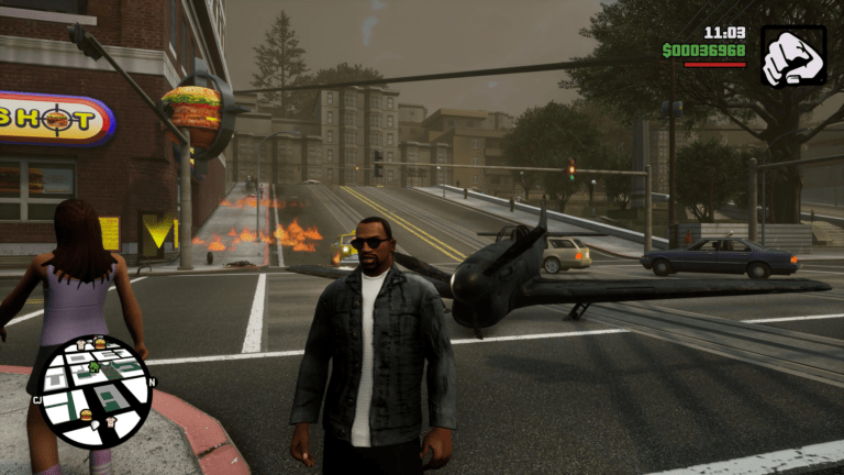 GTA San Andreas Definitive Edition gameplay in Los Santos showing urban chaos and HUD elements