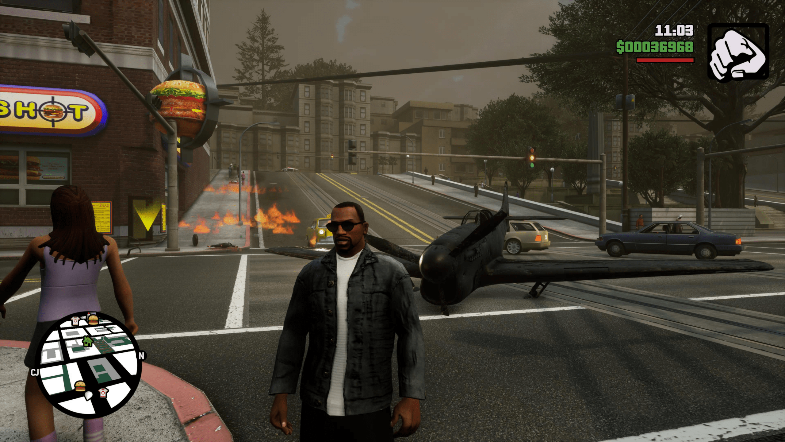GTA San Andreas Definitive Edition gameplay in Los Santos showing urban chaos and HUD elements