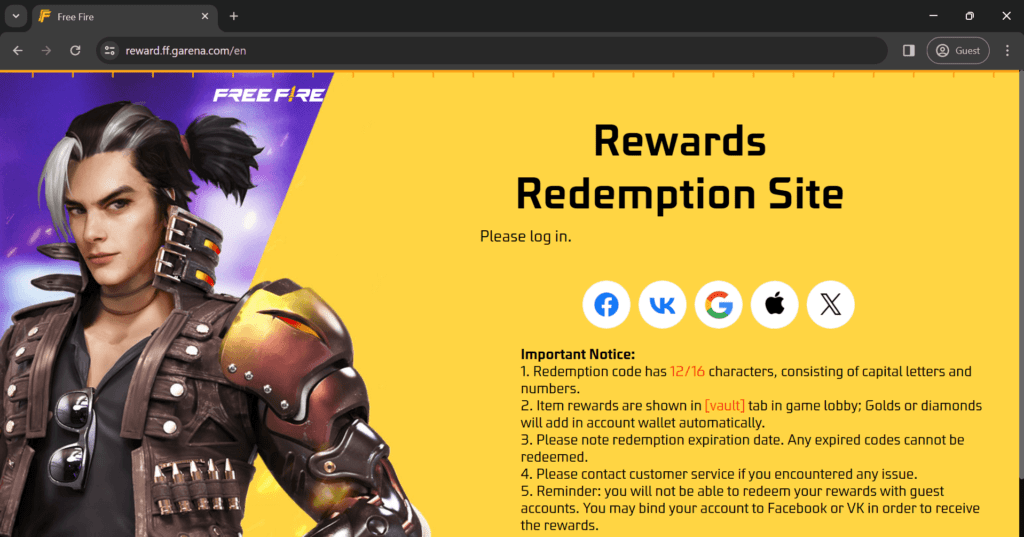 Free Fire redeem website login screen with Facebook Google and Apple sign in