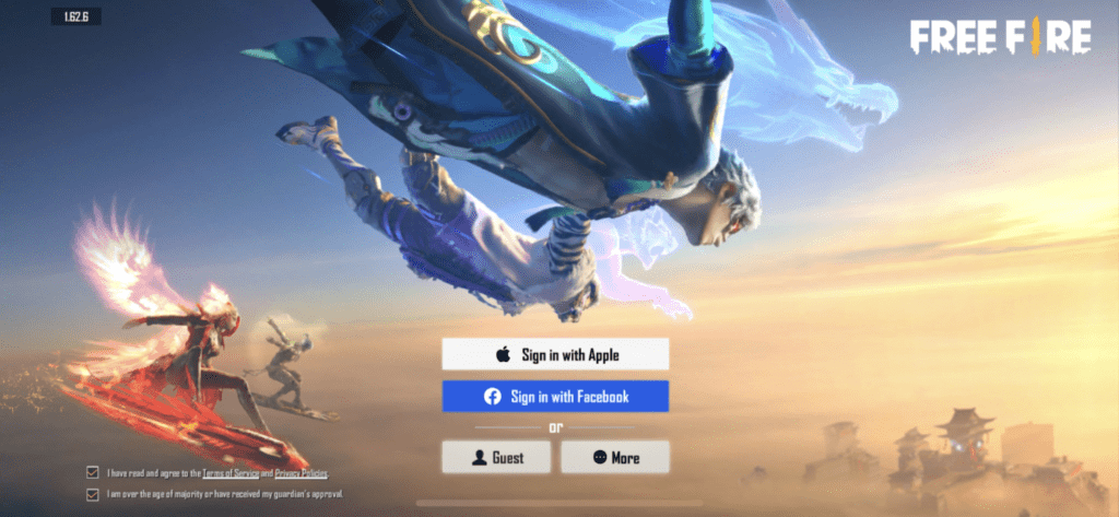 Free Fire Max login screen showing Facebook Google Apple and social account options