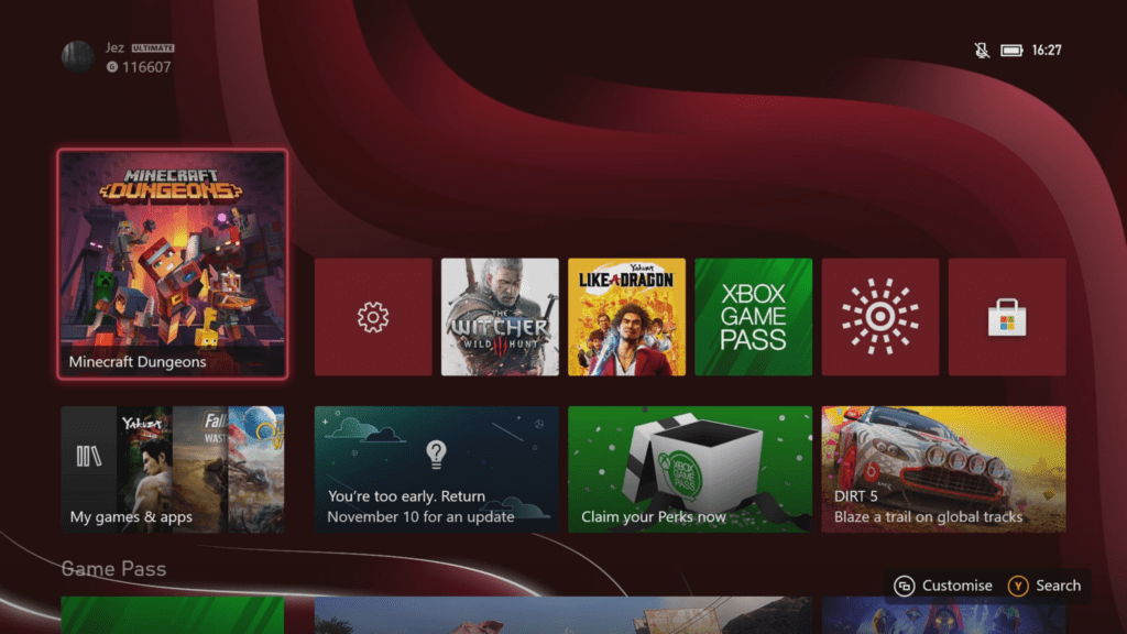 Xbox Series X dashboard with apps and Game Pass tiles, supports UI features overview.