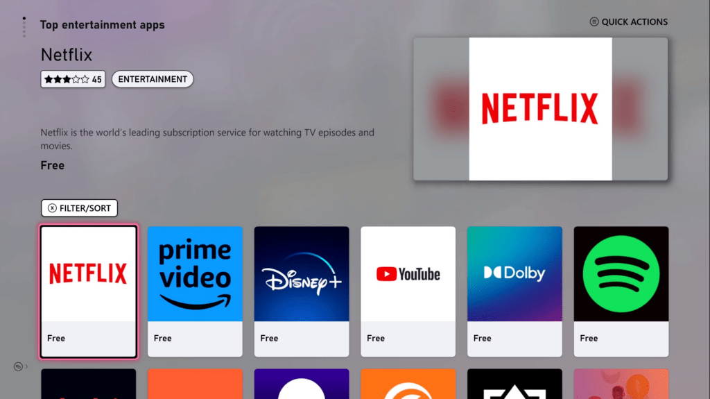 Xbox home screen showing Netflix, Disney+, YouTube tiles for streaming entertainment block.