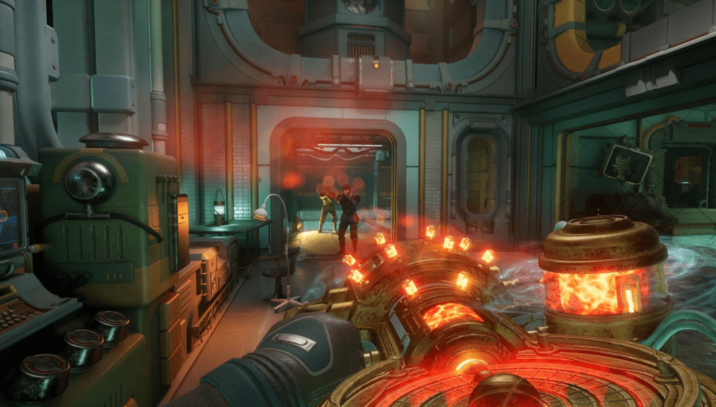 Intense first-person gunfight demonstrating improved weapon handling in The Outer Worlds 2