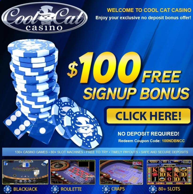 Cool Cat Casino old $100 no deposit signup bonus banner
