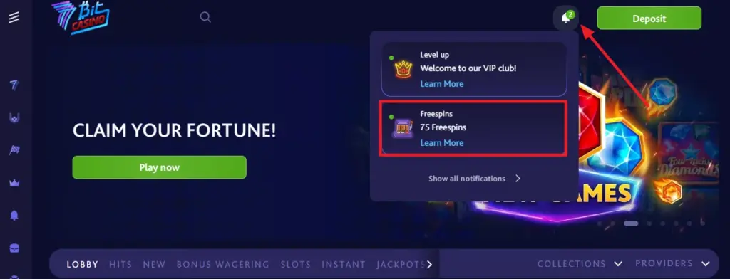 7Bit Casino dashboard highlighting welcome package, 75 free spins notification and comparison with no-deposit style offers