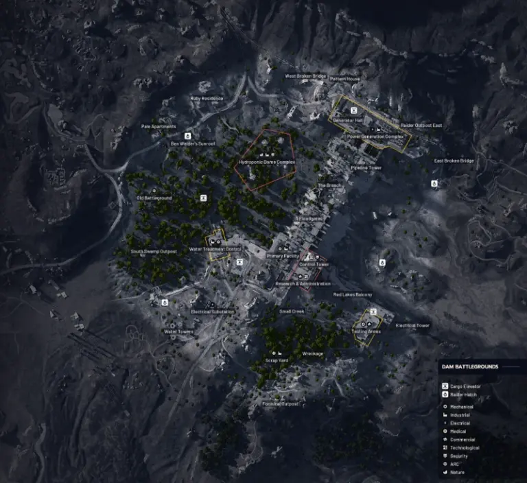 Arc Raiders Dam Battlegrounds map showing the northern West Broken Bridge area