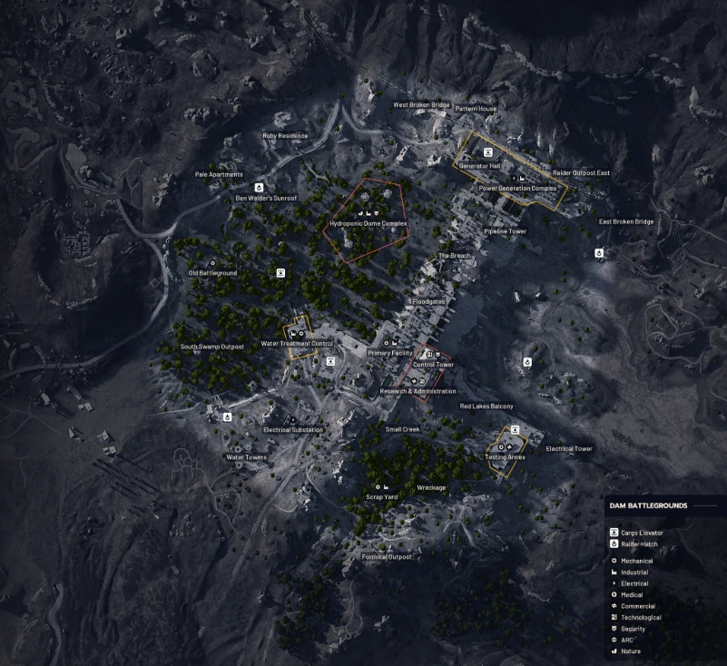 Arc Raiders Dam Battlegrounds map showing the northern West Broken Bridge area