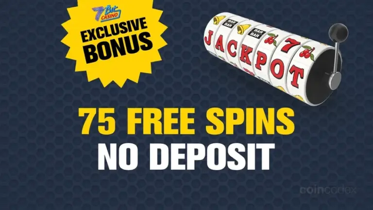 7Bit Casino no deposit bonus banner advertising 75 free spins and bonus code offers with a slot machine jackpot illustration