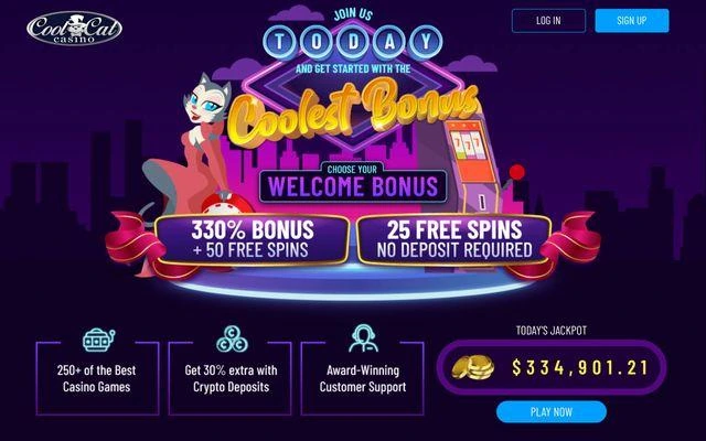 Cool Cat Casino welcome banner with no deposit free spins offer