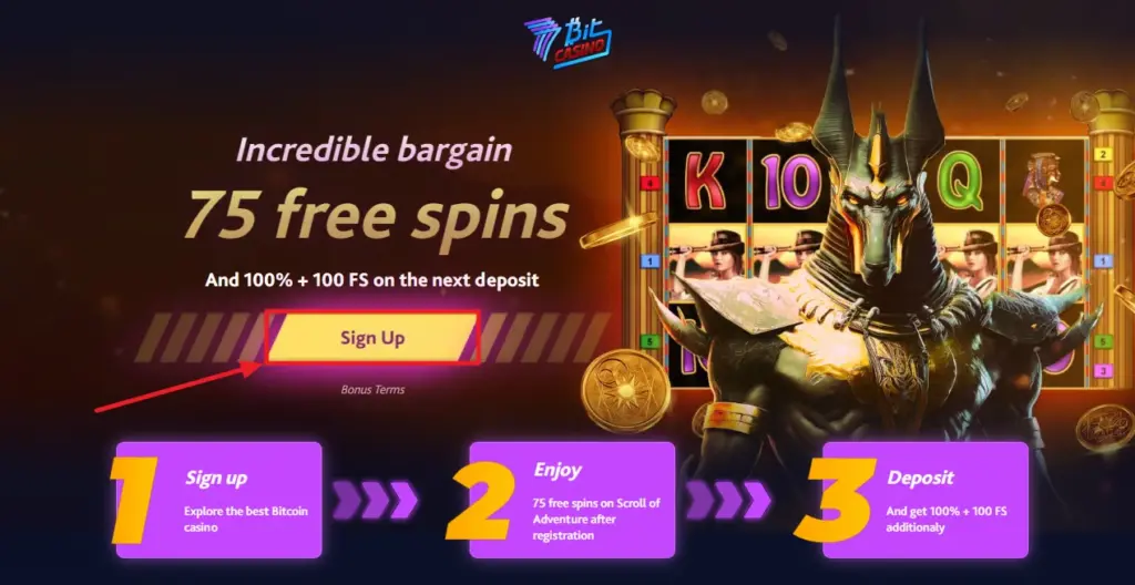 7Bit Casino welcome offer screen showing 75 free spins, sign-up bonus and Anubis-themed slot promotion