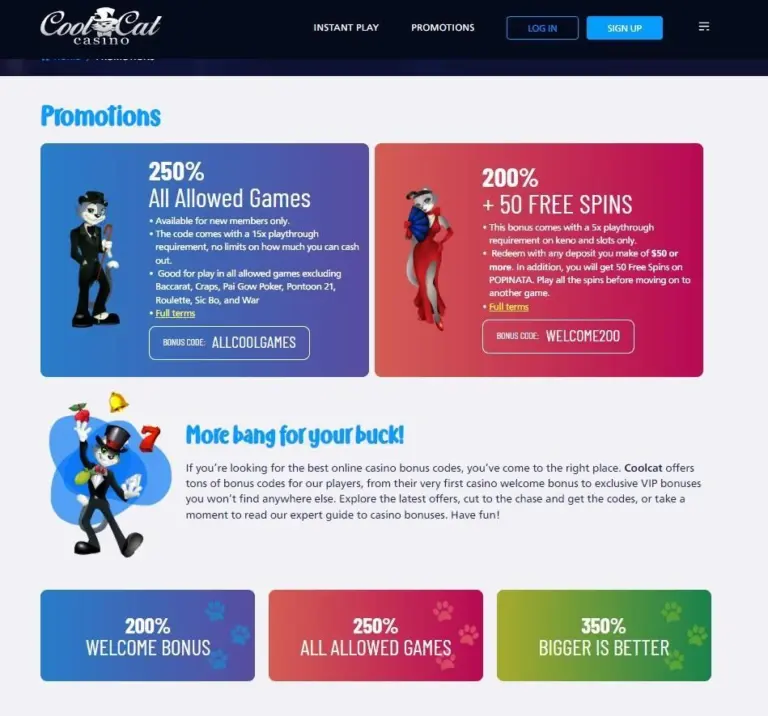 Cool Cat Casino promotions page with bonus code panels and mascot
