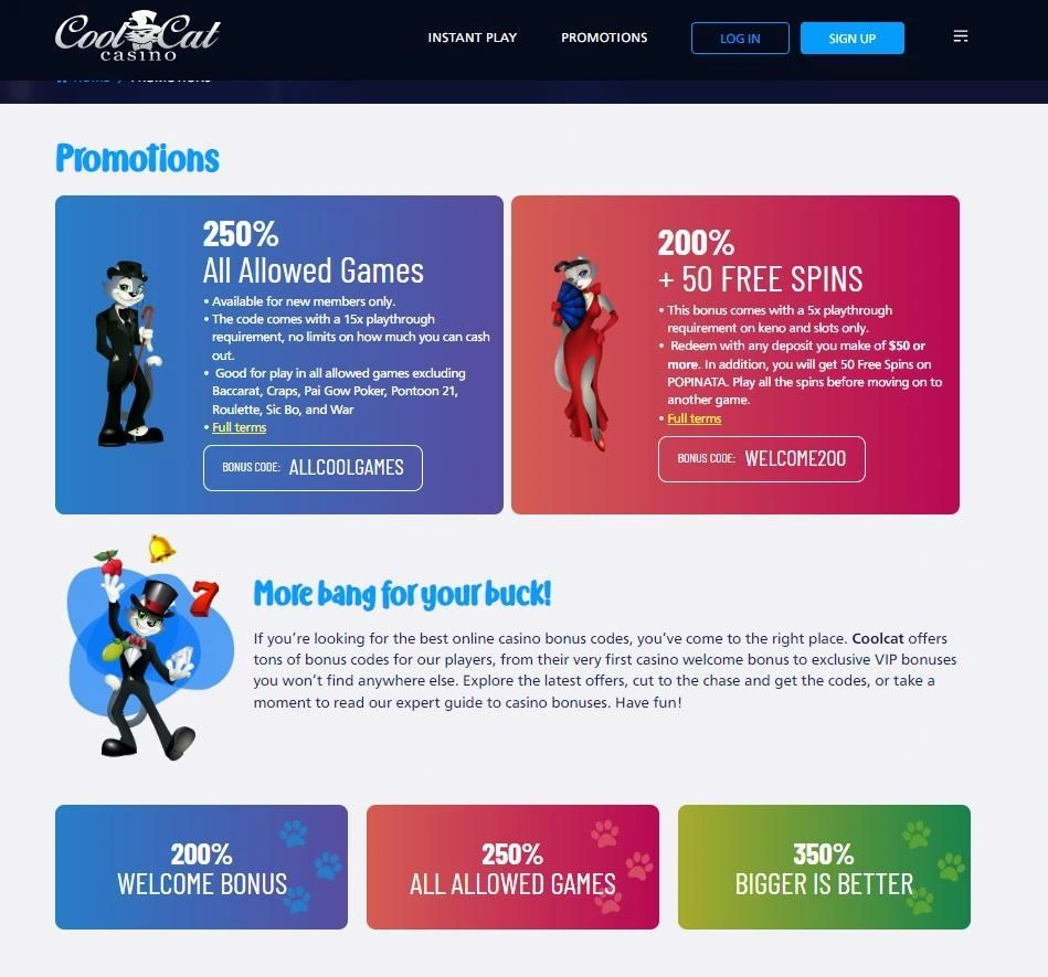 Cool Cat Casino promotions page with bonus code panels and mascot