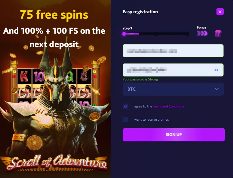 7Bit Casino registration page explaining promo codes with a 75 free spins welcome offer and account sign-up form